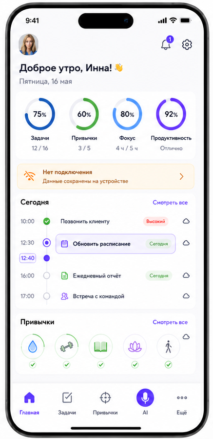 Обзор дня: задачи на сегодня, прогресс привычек и блоки расписания.